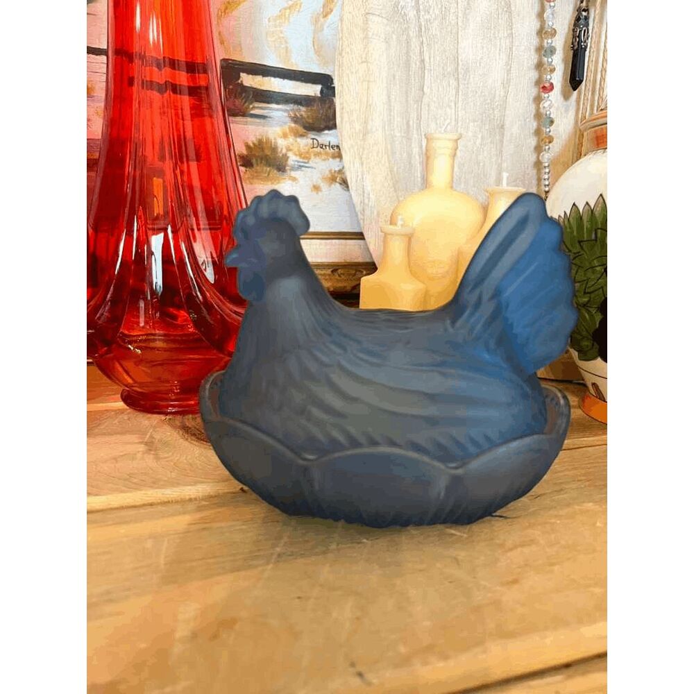 Frosted Blue Glass Hen on Nest Covered Candy Dish Farmhouse Country